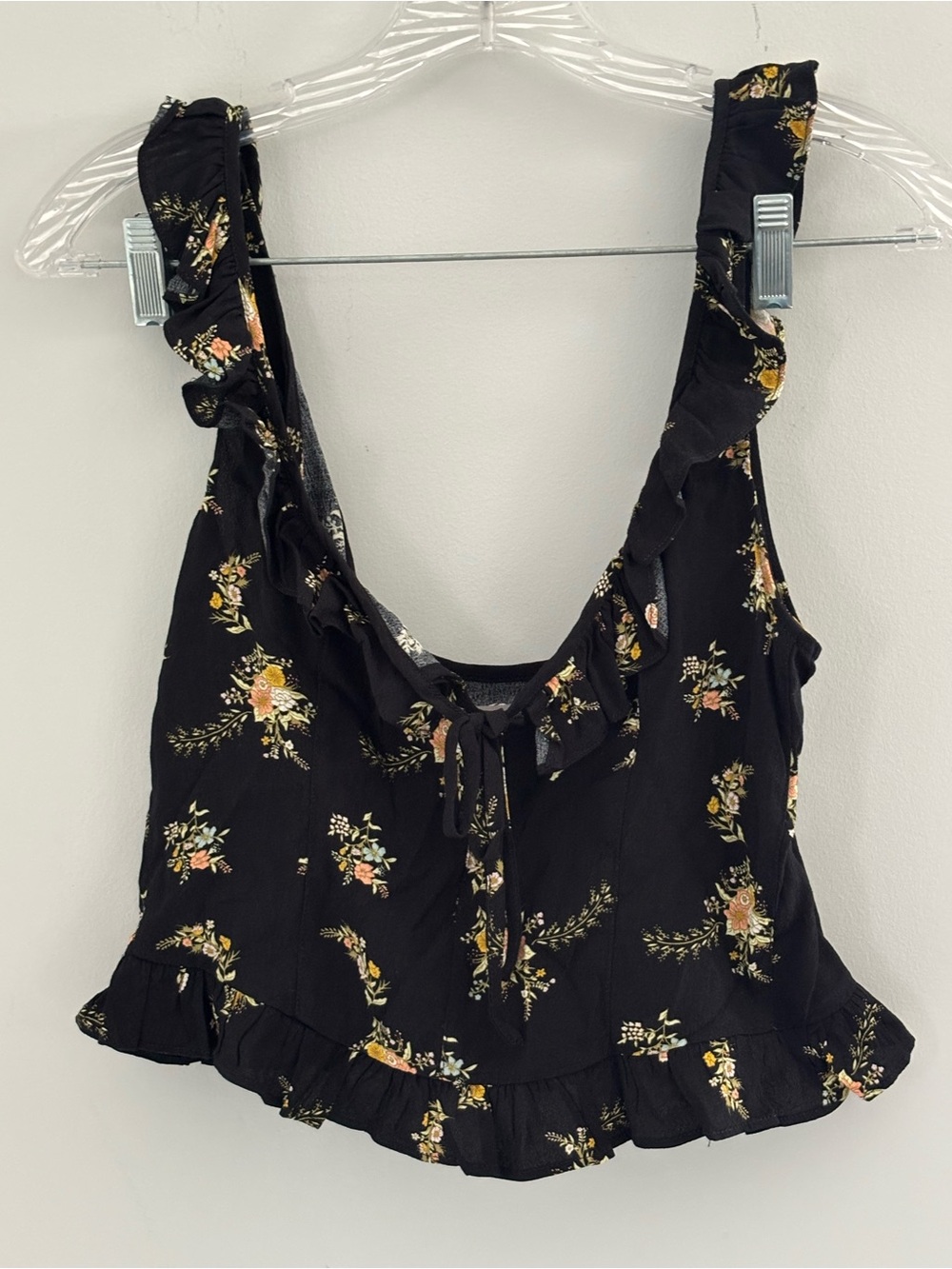 Urban Outfitters Black Floral Ruffle Tie-Front Crop Top with Yellow Accents - Picture 2 of 7